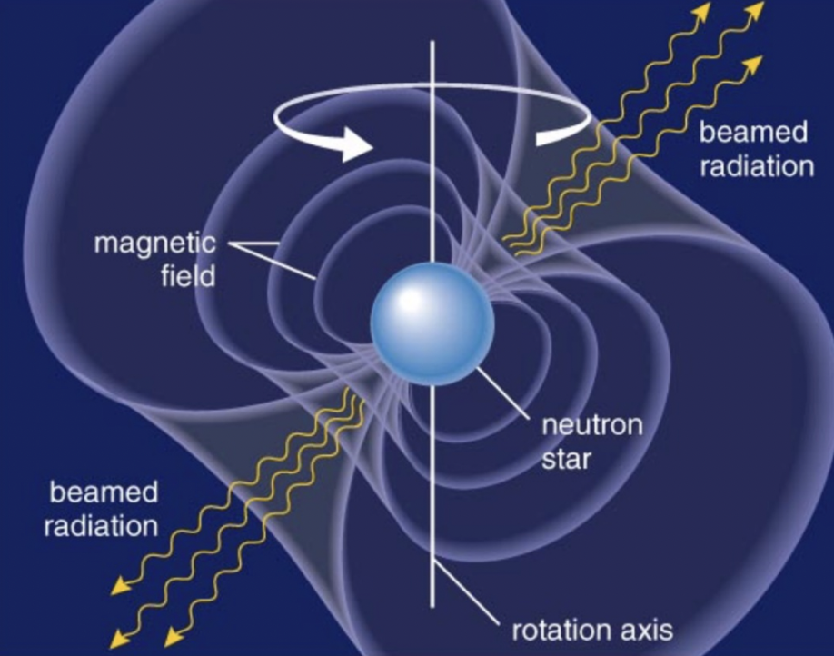 * You could put a beam of light through its magnetic axis to turn this neutron star into a pulsar 
* You would be able to view a pulsars characteristic if its rotation axis is not aligned with a jet, therefore, It would be viewed from the angle aligned with the beam 


* Neutron stars can spin on their axes hundreds of times per second; 
* The speed at which pulsar signals change depends on a nuetron stars rotation speed. 
* Neutron stars spin fast because of angular momentum like the analogy of a an ice skater pulling in their arms. Since neutron stars have low mass, and have been shrunk in size, they spin faster