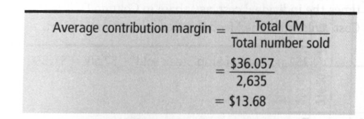 <p>you take the total CM (all of the item CM added together) and divide it by the total number of items sold </p>