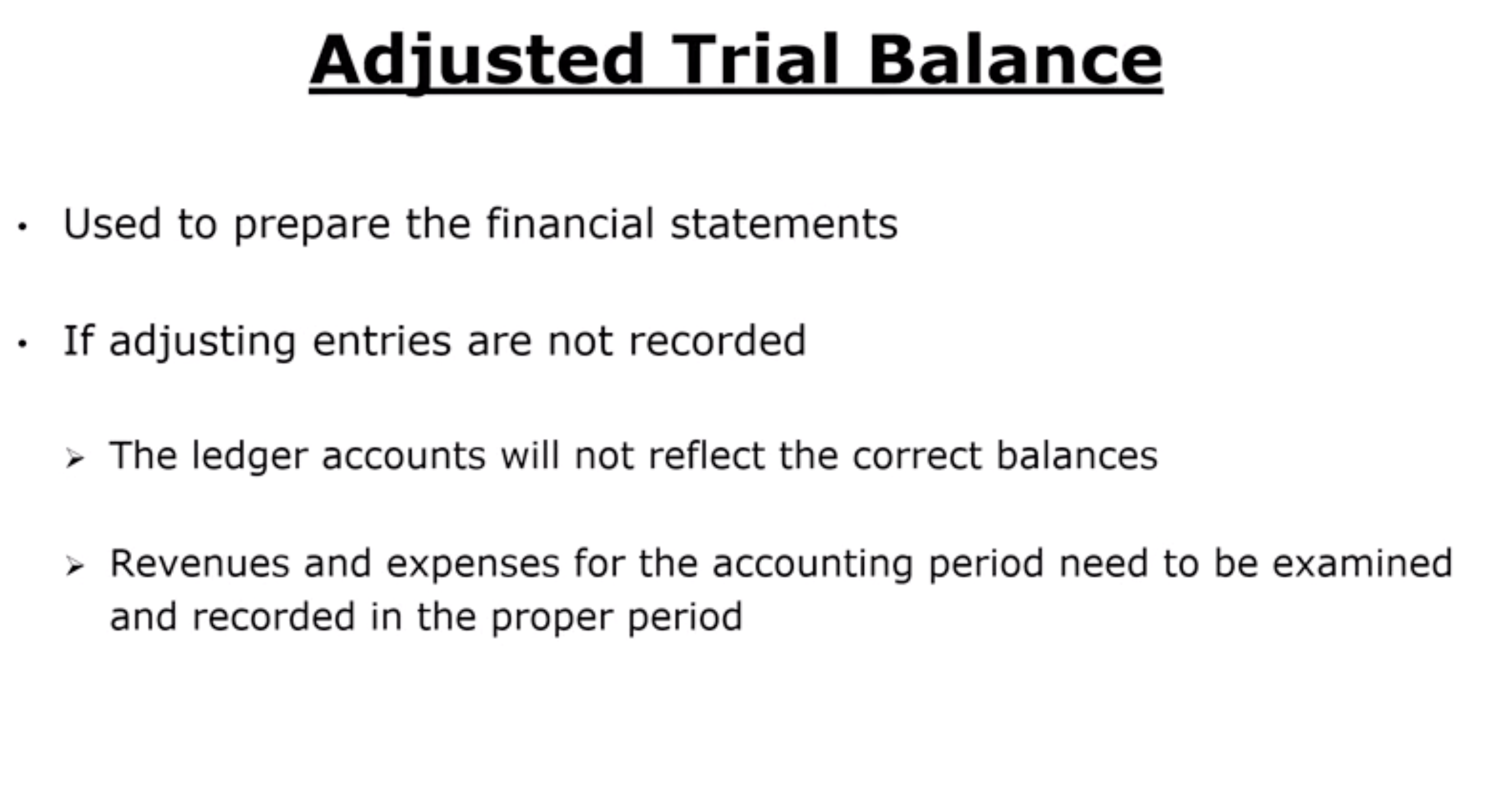 <ul data-type="taskList"><li data-checked="false" data-type="taskItem"><label><input type="checkbox"><span></span></label><div><p>prepare the financial statements</p></div></li><li data-checked="false" data-type="taskItem"><label><input type="checkbox"><span></span></label><div><p>Can take the balances off of the Adjusted Trial Balance and put them in each of the appropriate financial statements</p></div></li></ul><p></p>
