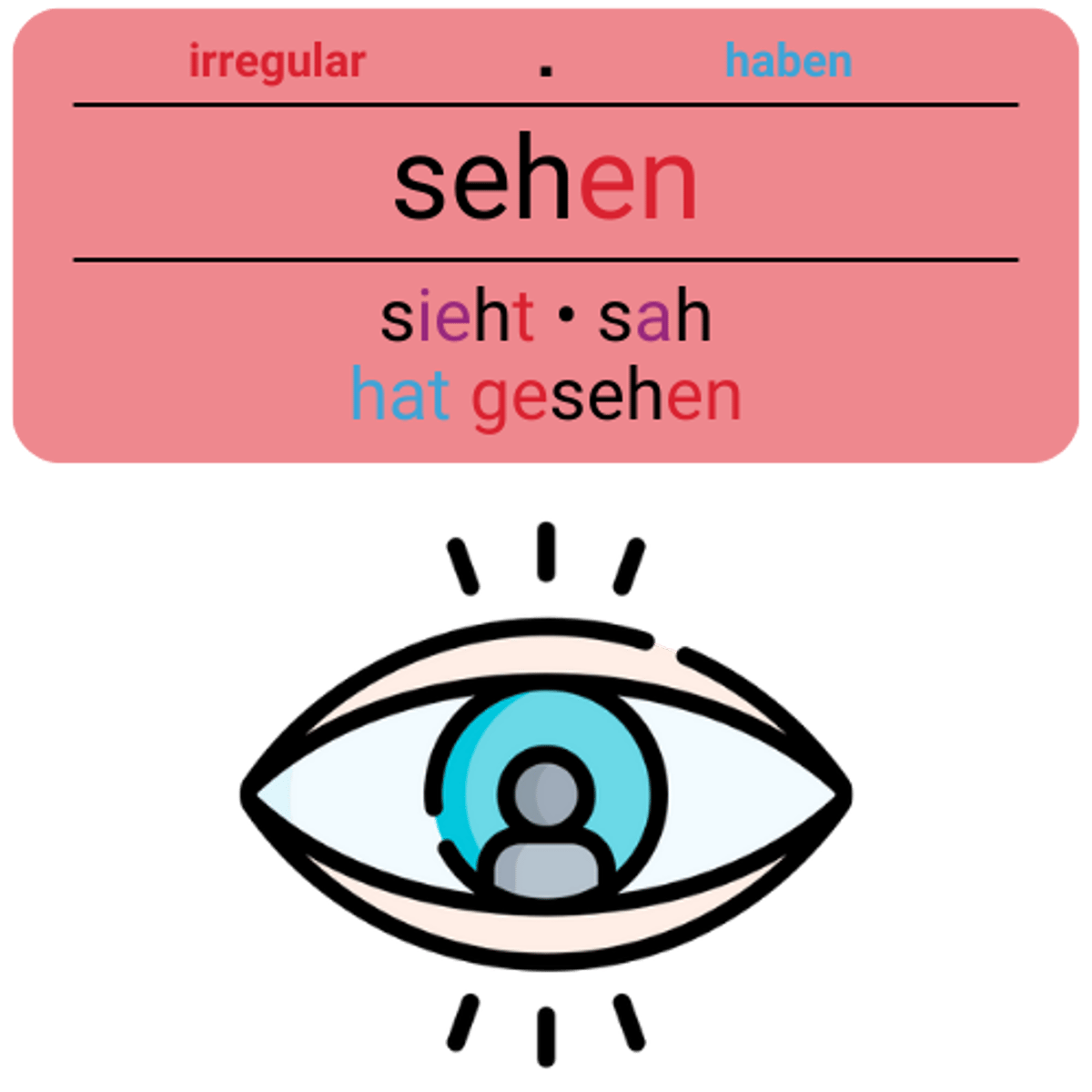 <p>sehen</p><p>(sich+A, Akk., nach+D, um+A, von+D, mit+D, vor+D, auf+A, in+D, als)</p><p>(Ich sehe nicht gut.)</p><p>(I don't see well.)</p>