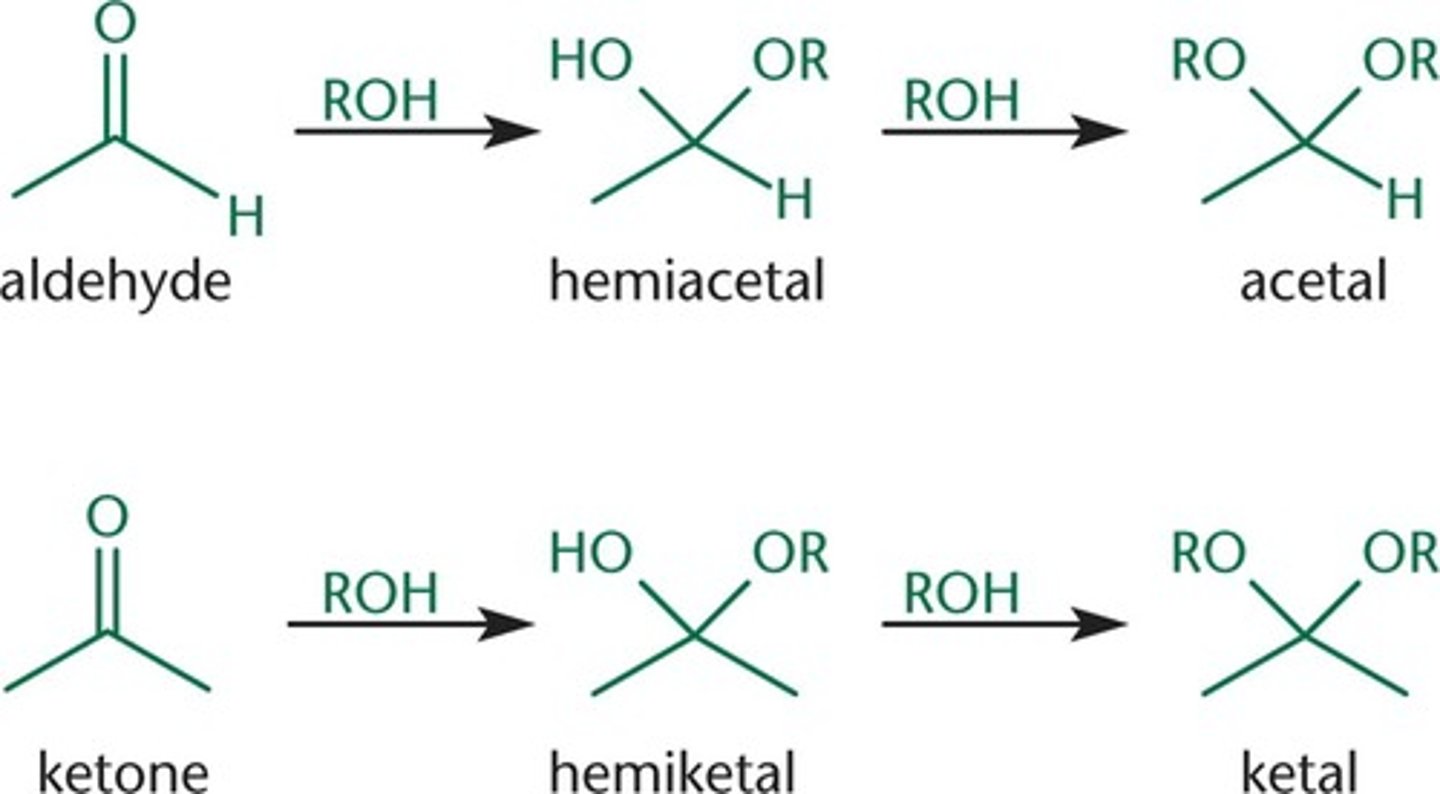 <p>In acidic conditions, an aldehyde or ketone will react with two molecules of alcohol to form a....</p><p>Common acids used for this purpose include para-toluenesulfonic acid(TsOH) and sulfuric acid(H2SO4) (2nd example in image)</p>