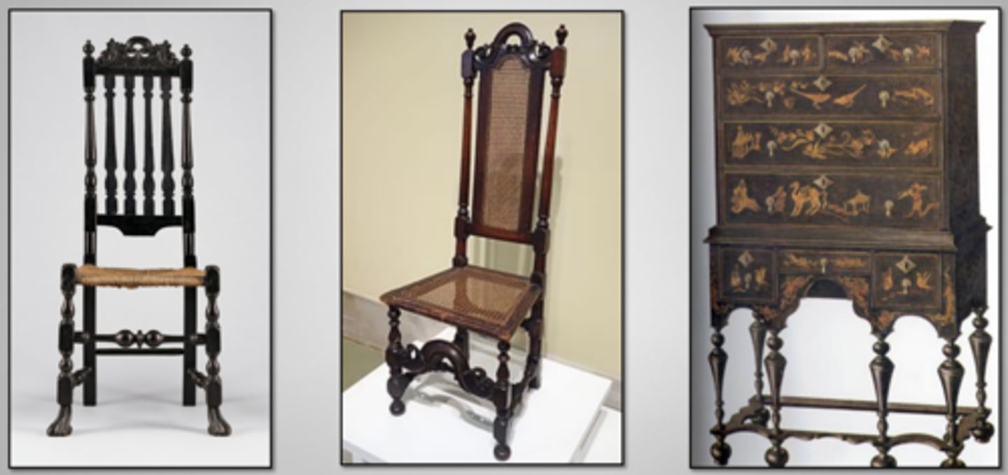 <p>- continuation of Jacobean style</p><p>- ball turning on legs</p><p>- X-shaped stretchers</p><p>- Gate-leg tables</p><p>- Marquetry decoration</p>