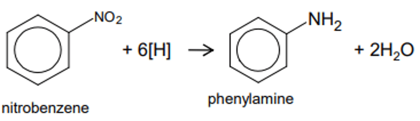 <p>TWO PART PROCESS</p><p>(under the guise that you are starting from a nitrobenzene)</p><p>1. Sn (catalyst) + conc HCl + heat under reflux</p><p>this will form our -NH3 compound</p><p>2. NaOH solution</p><p>this will reduce our -NH3 compound into -NH2</p>