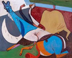 <p>Romare Bearden (1911-1988) Now the Dove and the Leopard Wrestle, 1946, oil on</p>