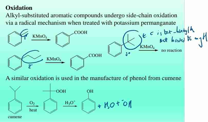 <p>-Oxidation: Converts alkyl side chains to carboxylic acids using KMnO4.</p>