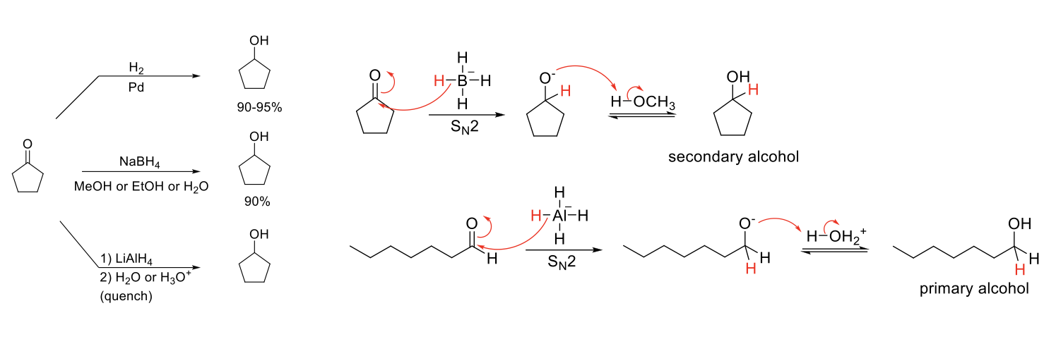 <p><strong>Notes:</strong></p><p>3 methods to reduce aldehydes/ketones.</p><p>Reduce aldehydes/ketones into alcohols by delivering H.</p><p>LiAlH<sub>4</sub><sup>+</sup> and protic solvents must be used in separate steps.</p><p></p><p><strong>Mechanism NaBH<sub>4 </sub>/ LiAlH<sub>4</sub>:</strong></p><p>H added to carbonyl carbon. -O<sup>-</sup> protonated by protic solvent.</p>