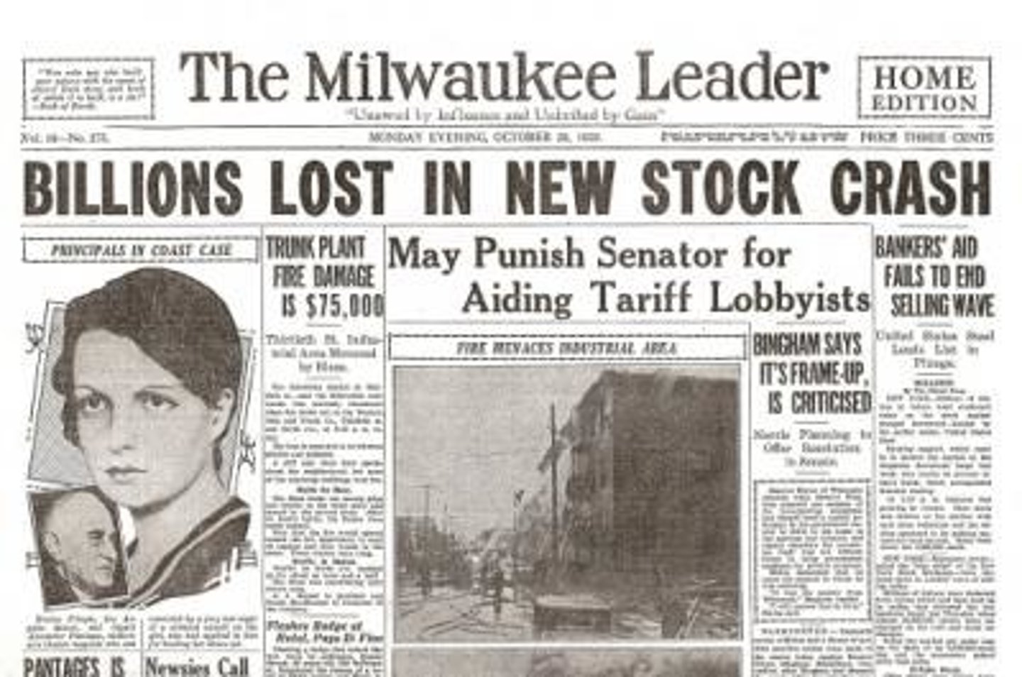 <p>October 29, 1929 - Day the stock market crashed. In the following weeks investors lost about $30 billion. Starts a chain reaction that leads to the Great Depression</p>