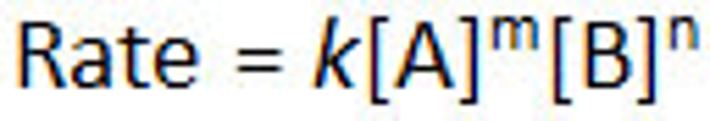 <p>Equations that indicate how the rate of the reaction, R, depends on the concentration (M) of the reactants</p><p>values of m and n are almost never equal to the stoichiometric coefficients</p><p>rate law is different than equilibrium expression</p><p>rate law expression only includes the reactants</p>