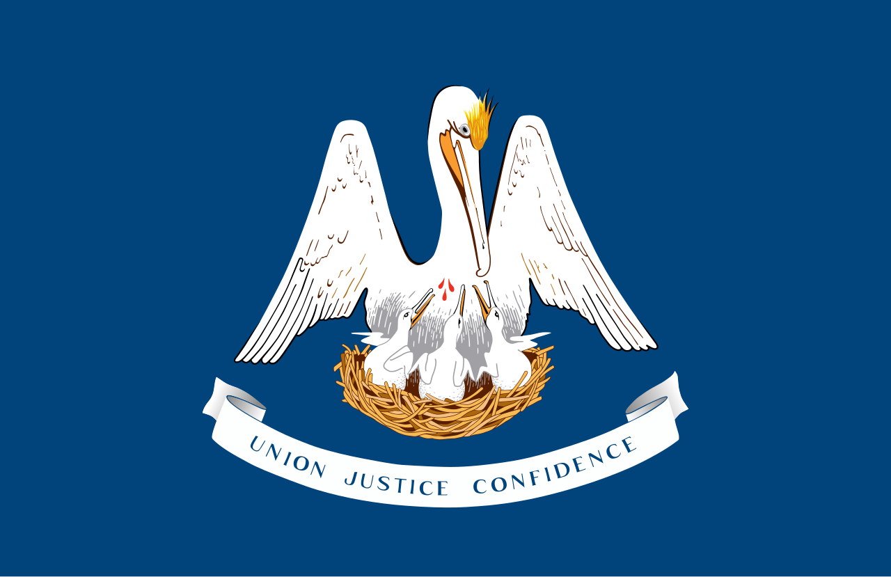 <p>Blue background with a large pelican with three smaller pelicans underneath it. “Union Justice Confidence”</p>