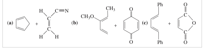 <p>(15.16) <span>Predict the major product for each proposed Diels–Alder reaction. Include stereochemistry where appropriate.</span></p>