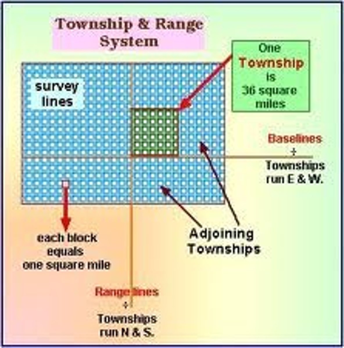 <p>survey system that uses a grid system with roads between to create property lines</p>