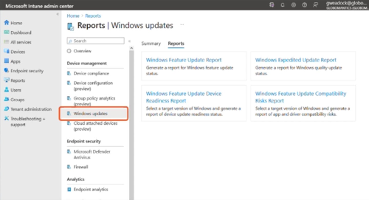 <p>Home &gt; Reports &gt; under Device management &gt; Windows updates.</p>