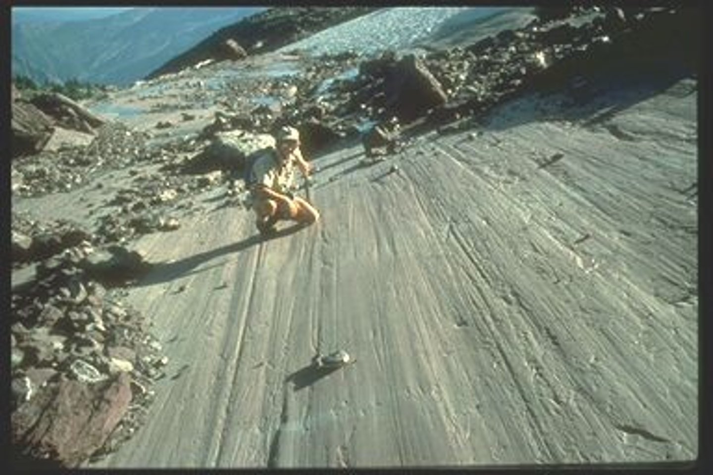 <p>Scratches left on rocks and bedrock by glacier movement</p>