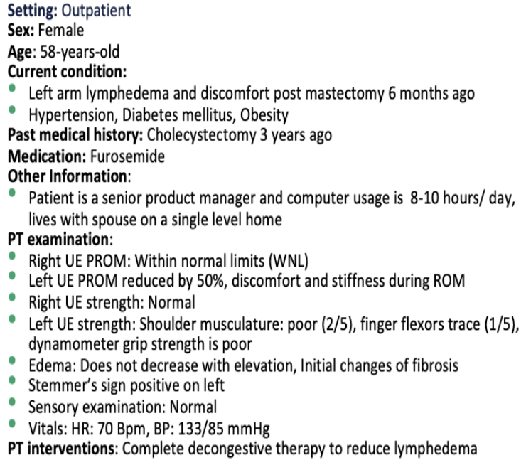 <p>A PT is developing an exercise program for this patient. Which of the following exercises should the patient perform FIRST?</p><ol><li><p>elbow flexion</p></li><li><p>cervical rotation</p></li><li><p>shoulder abduction</p></li><li><p>shoulder circumduction</p></li></ol><p></p>