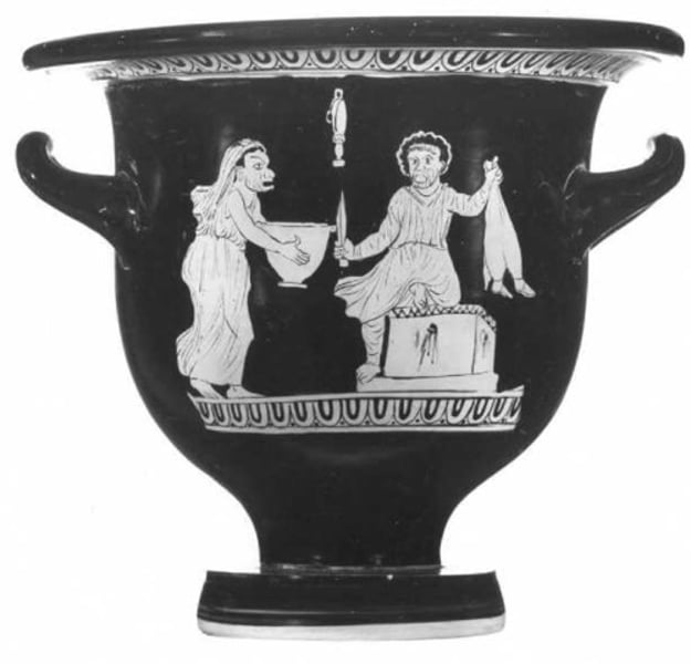 <p>- produced in the greek city of Apulia in Southern Italy, the vase depicts a scene from Aristophanes' comedy 'Women at the Thesmophoria'</p><p>- the vase is therefore evidence that Athenian comedy was reperformed in other cities, and, because the play mocks Euripides, his plays must also have been well known</p><p>- the comic actor on the left is clean shaven with a mirror, depicting a scene in which Euripides' relative shaves to disguise himself as a woman</p><p>- clearly a man dressed as a woman</p><p>- the actor on the right is holding a wineskin disguised as a baby, depicting a scene in the play where the relative snatches one of the women's 'baby' to sacrifice it</p>