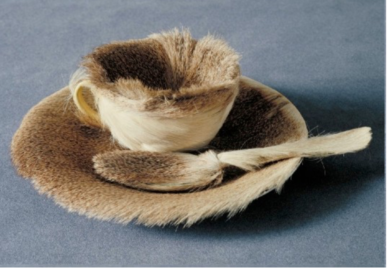 <p>artist: MERET OPPENHEIM</p><p>movement: SURREALISM</p><p>surrealist: outside of the real, realistic components, dreamlike</p><p>strategy: juxtaposition</p>