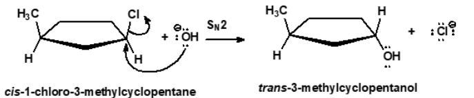 <ul><li><p>Reaction involves a backside attack by a nucleophile on the sp<em><sup>3</sup> carbon. </em></p></li><li><p>It is a concerted reaction - bond making and bond breaking at the same time. </p></li><li><p>A transition state is formed in the reaction - the nucleophile, sp<em><sup>3</sup> </em>and the leaving group lie in a straight line. </p></li><li><p>The sp<sup>3</sup> carbon becomes sp<sup>2 </sup>hybridized and the three substituents all lie on the same plane.</p></li><li><p>A good leaving group is a weak base.</p></li></ul><p></p>