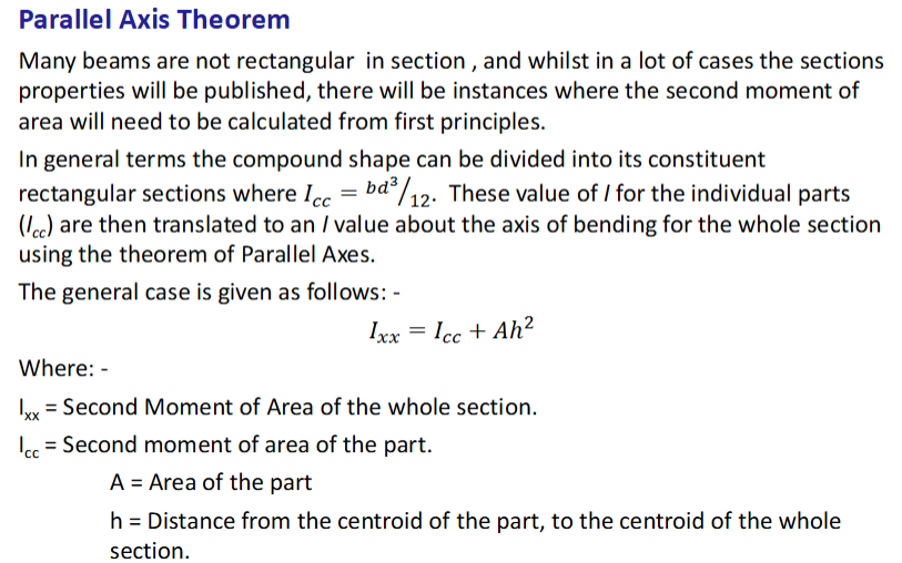 <p>A theorem used to calculate the moment of inertia of a beam or object about any axis, given its moment of inertia about a parallel axis through its centroid. </p>