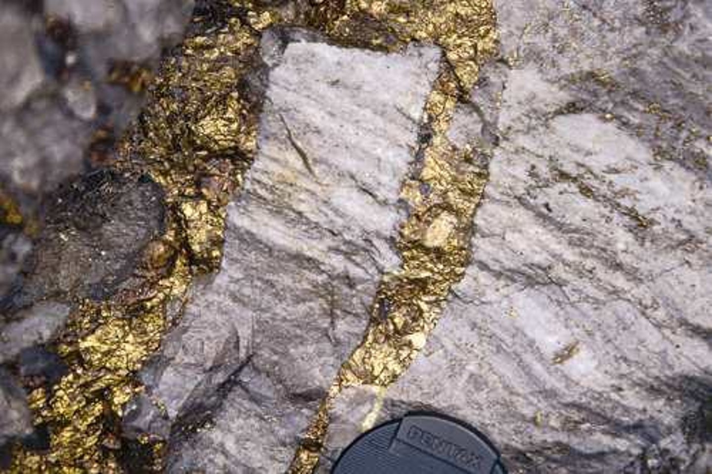 <p>A narrow channel or slab of a mineral that is sharply different from the surrounding rock.</p>