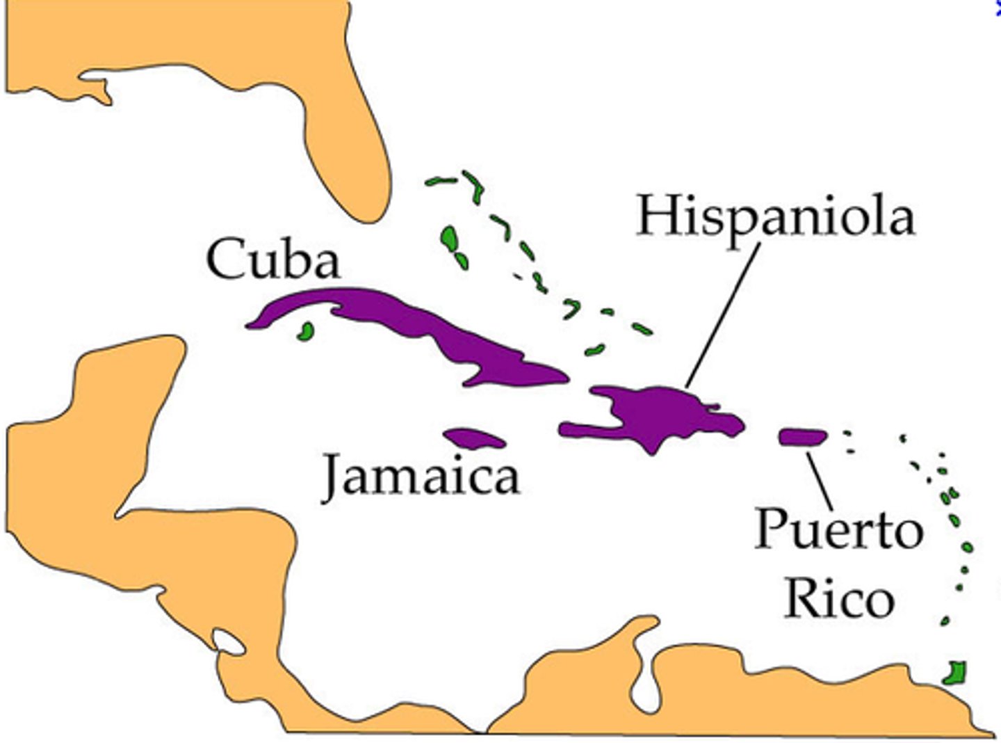 <p>The four large Caribbean islands of Cuba, Jamaica, Hispaniola, and Puerto Rico.</p>