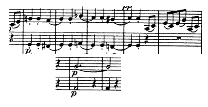 <p>Mainly crotchets and quavers</p><p>Longer note values seen in bass line and horn pedal</p>