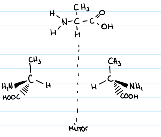 <ol><li><p>draw chiral carbon and bonds emerging from it first in 3D</p></li><li><p>then draw mirror image</p></li><li><p>draw smallest group near the mirror</p></li><li><p>draw in all other groups using structural formula</p></li><li><p>then draw its mirror image</p></li></ol><p></p>