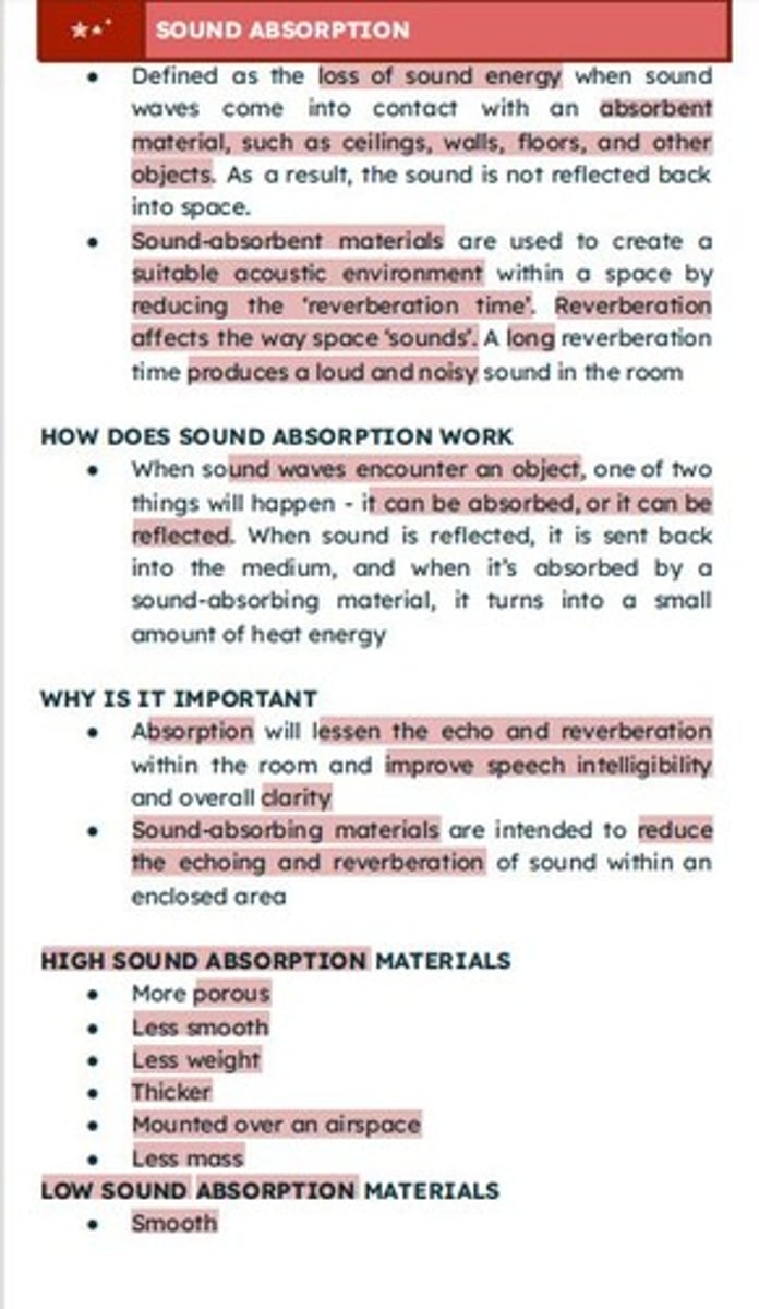 <p>The loss of sound energy when sound waves come into contact with absorbent materials, preventing sound from being reflected back into space.</p>