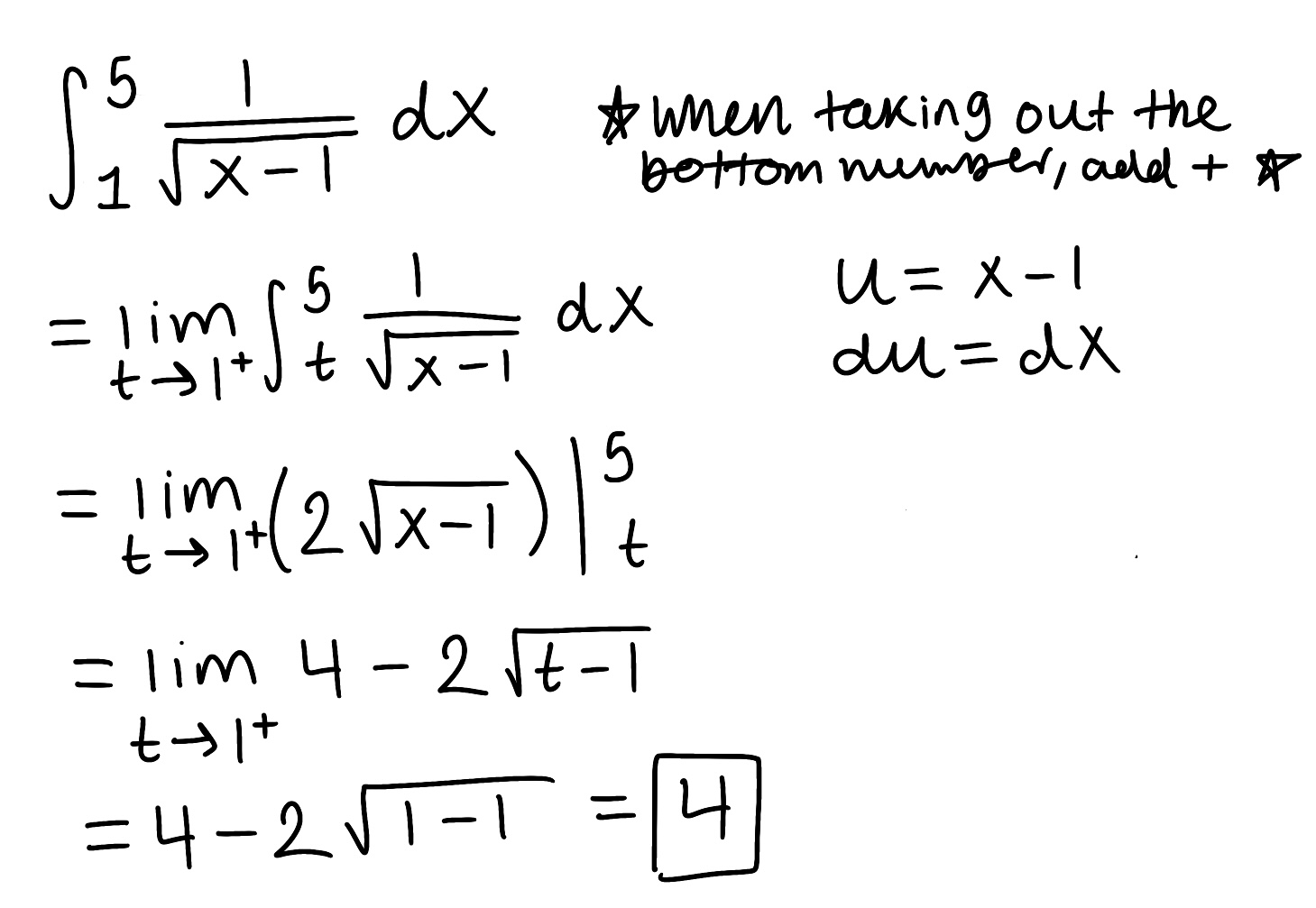<ul><li><p>The integral is improper because there is a discontinuity x=1 </p></li><li><p>The integral converges because the limit is finite</p></li></ul><p></p>