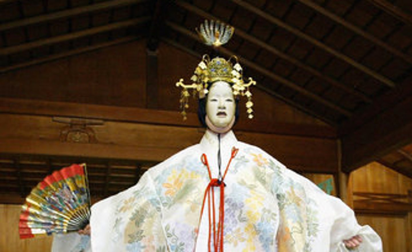<p>Simple wooden stage, grew out of Shinto rituals, actors wore masks, and moved to music.</p>