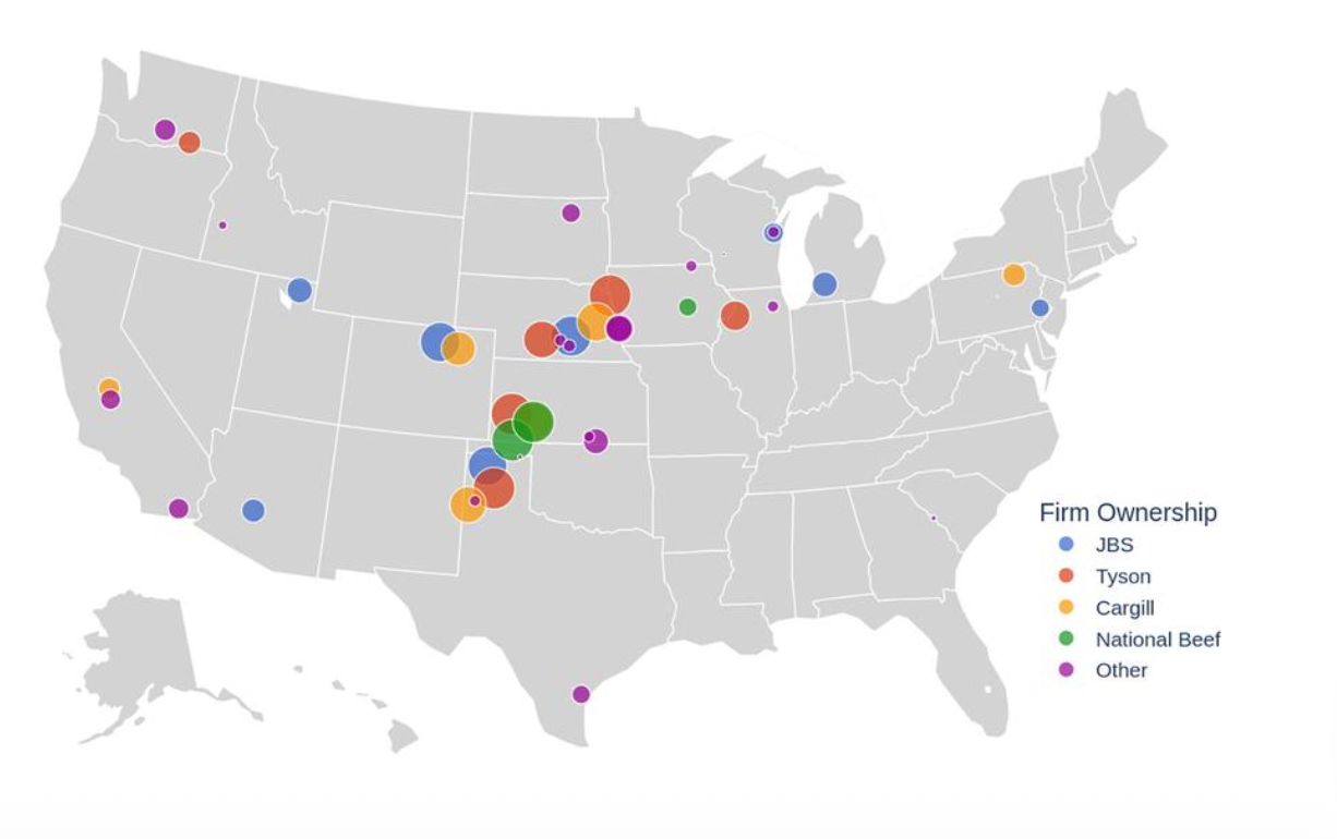 <p>Packing plants largerly in central us.</p><p>JBS, Tyson, Cargill, National Beef</p><p>*larger circle = bigger corporation </p>