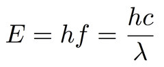 <p>Electromagnetic waves are emitted as discrete wavepackets and each wavepacket is referred to as a photon. E = hf, E = hc/λ E = photon energy, J h = planck constant, 6.63x10^-34 J s f = frequency, Hz c = speed of light, 3.00x10^8 m s-1 λ = wavelength, m</p>