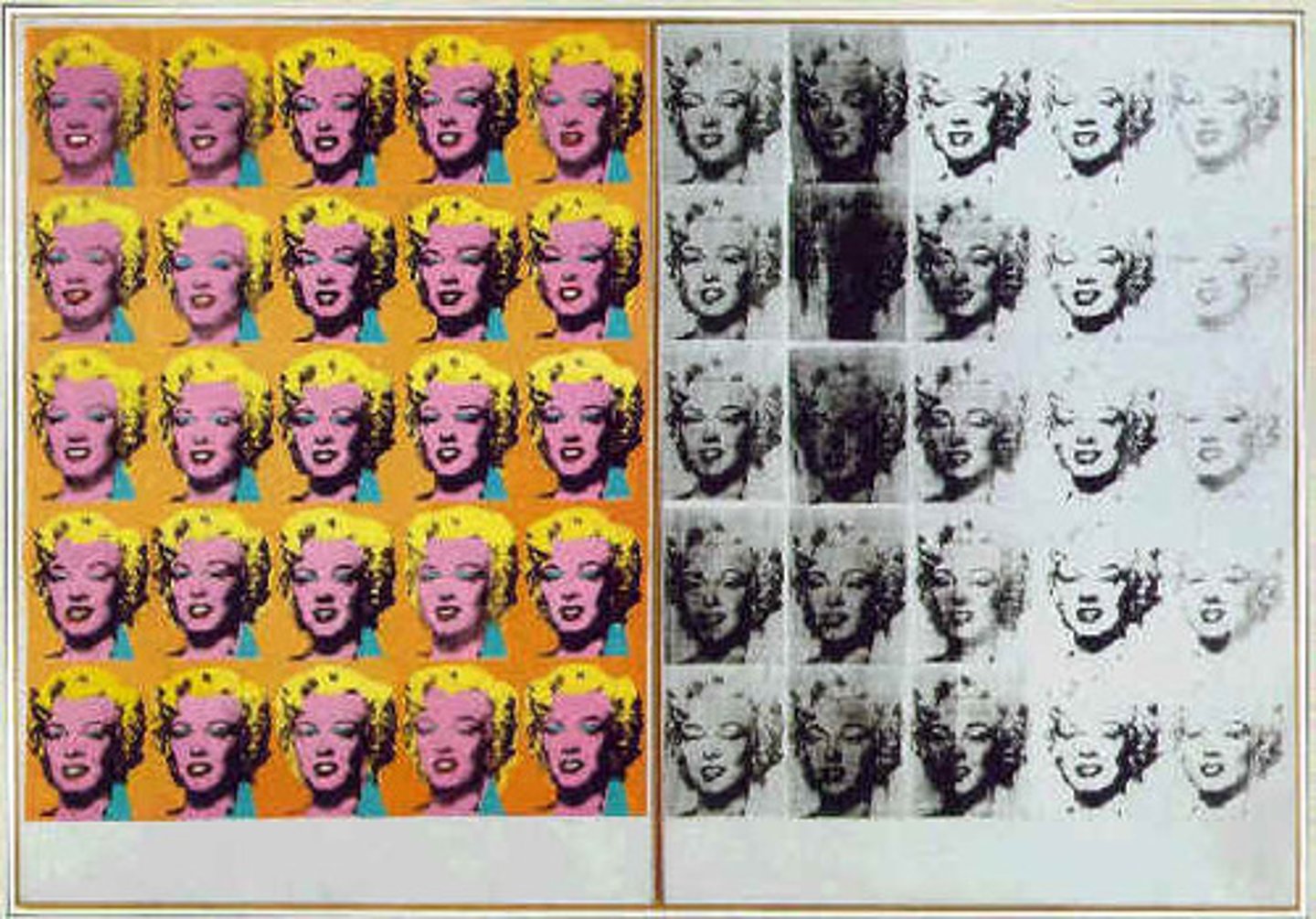 <p>- Warhol</p><p>- 2 panels</p><p>- celebrity worship</p><p>- person becomes product</p>