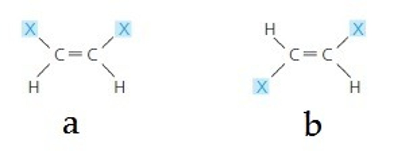 <p>One of several compounds that have the same molecular formula and covalent bonds between atoms but differ in the spatial arrangements of their atoms owing to the inflexibility of double bonds (DIFFERENT ARRANGEMENT)</p>