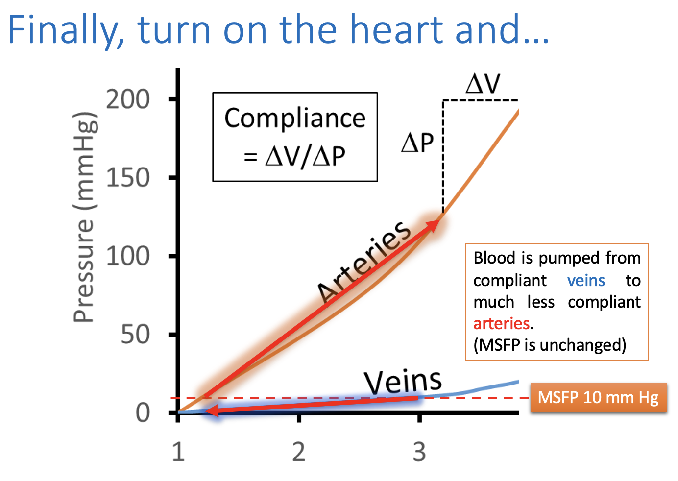 <ol><li><p>venous pressure is<strong> close to zero</strong></p></li><li><p>Mean arterial pressure is about 90-95 mmHg</p></li></ol><p></p>
