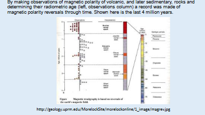 <p><span>• Cooling continental volcanic rocks and sediments accumulating in the ocean acquire a remnant magnetism of the magnetic field that can produce a reversal chronology.</span><br><span>• Combined with radiometric dating this chronology began to produce a paleomagnetic time scale, independent of the magnetic anomaly time scale</span></p>