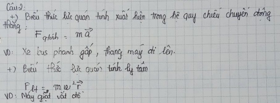 <p>Lực quán tính trong hệ quy chiếu chuyển động thẳng có gia tốc là lực mà một chất điểm trải qua do gia tốc của hệ quy chiếu. Lực quán tính ly tâm xảy ra khi có chuyển động tròn, gây ra cảm giác đẩy ra ngoài khi chuyển động theo quỹ đạo. </p>