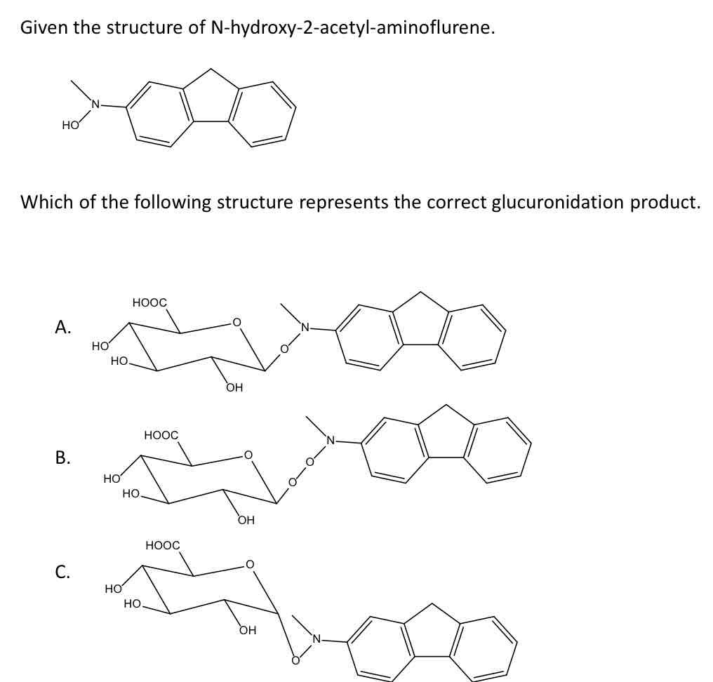 <p>Given the Structure of N-hydroxy-2-acetyl-amino fluorine. </p><p><strong>Which of the following structure represents the correct glucuronidation product? </strong>(Just type the letter)</p>