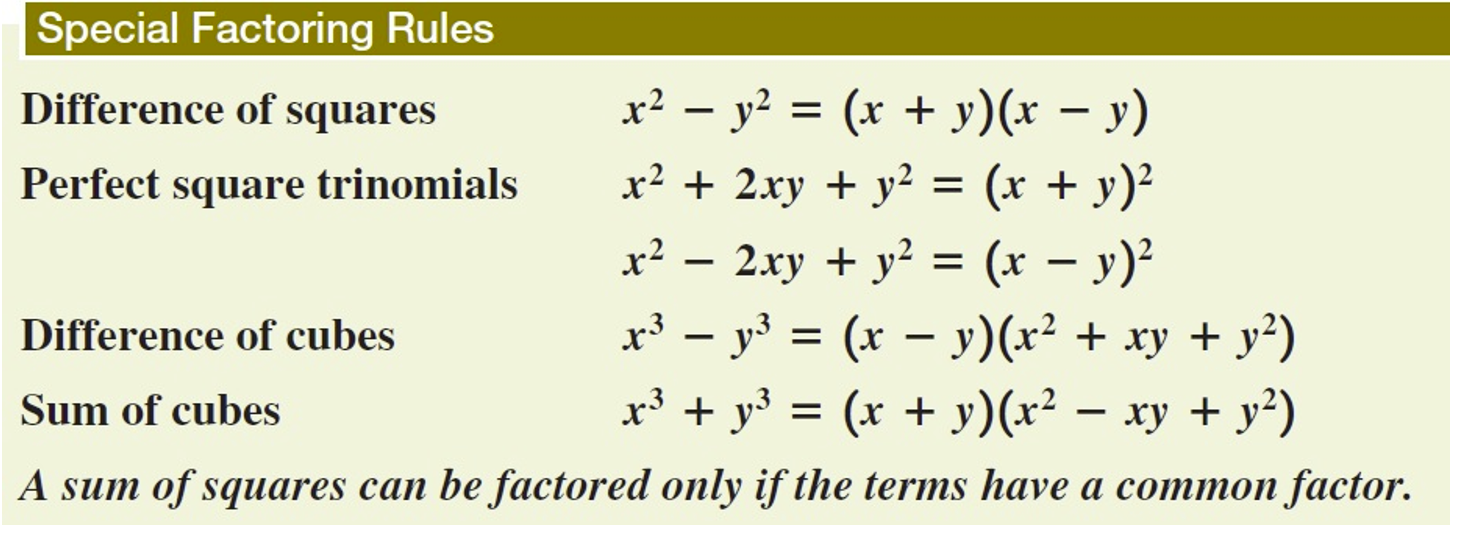 <p>x²-y²=(x+y)(x-y)</p><p>x²±2xy+y²=(x±y²)</p><p>x³±y³=(x±y)(x²±xy+y²)</p>
