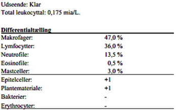 <p>AKP store husdyr blok 1 2024</p><p>Hvilken diagnose kan stilles på en hest med nedsat præstation og denne bronchoalveolar lavage cytologirapport ?</p><p>1 Mild astma (IAD) </p><p>2 DDSP (Dorsal displacement soft palate) </p><p>3 EIPH (exercise induced pulmonary haemorrhage) </p><p>4 Svær astma (RAO)</p>