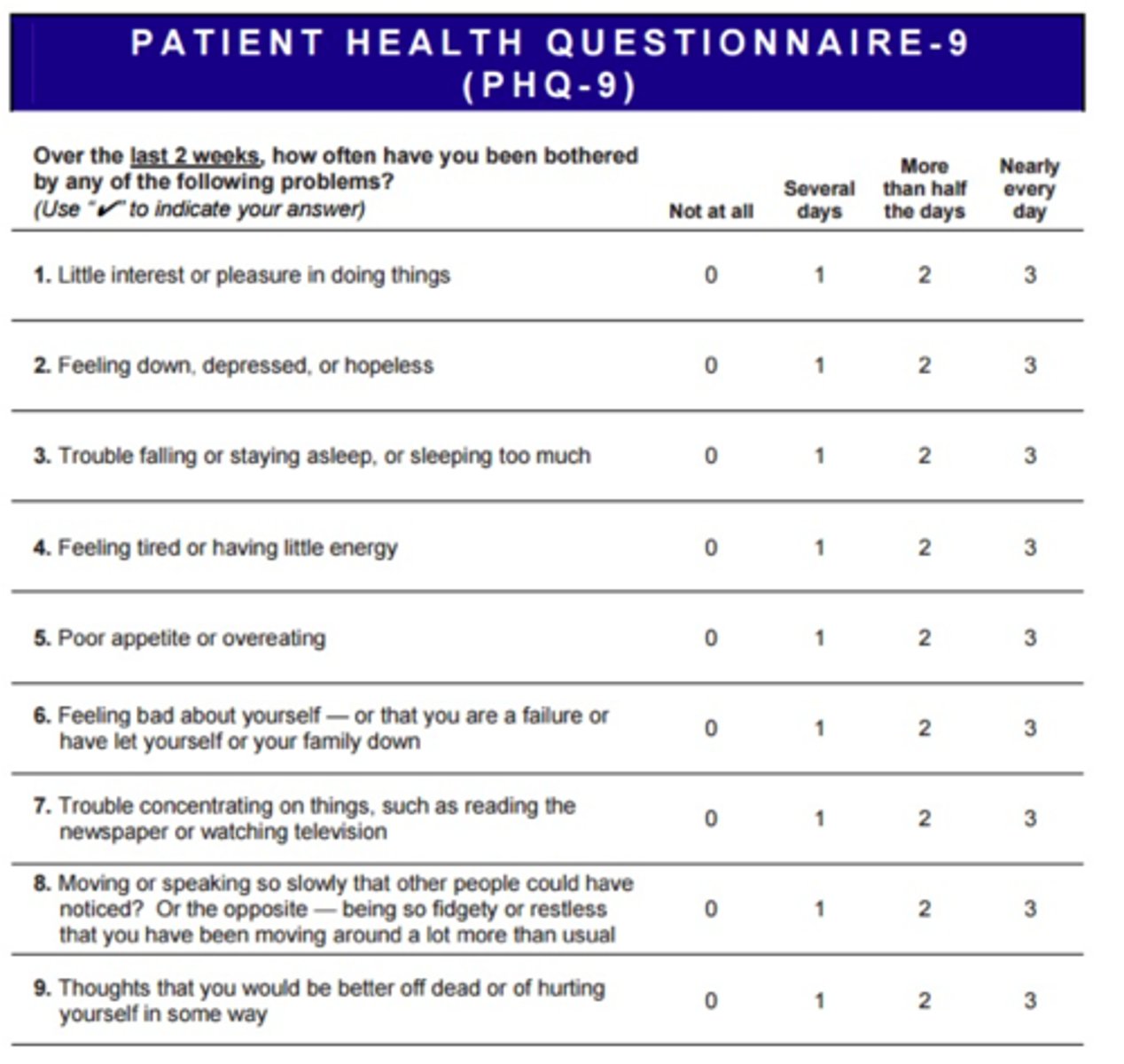 <p>assessment that evaluates degree of depression</p>