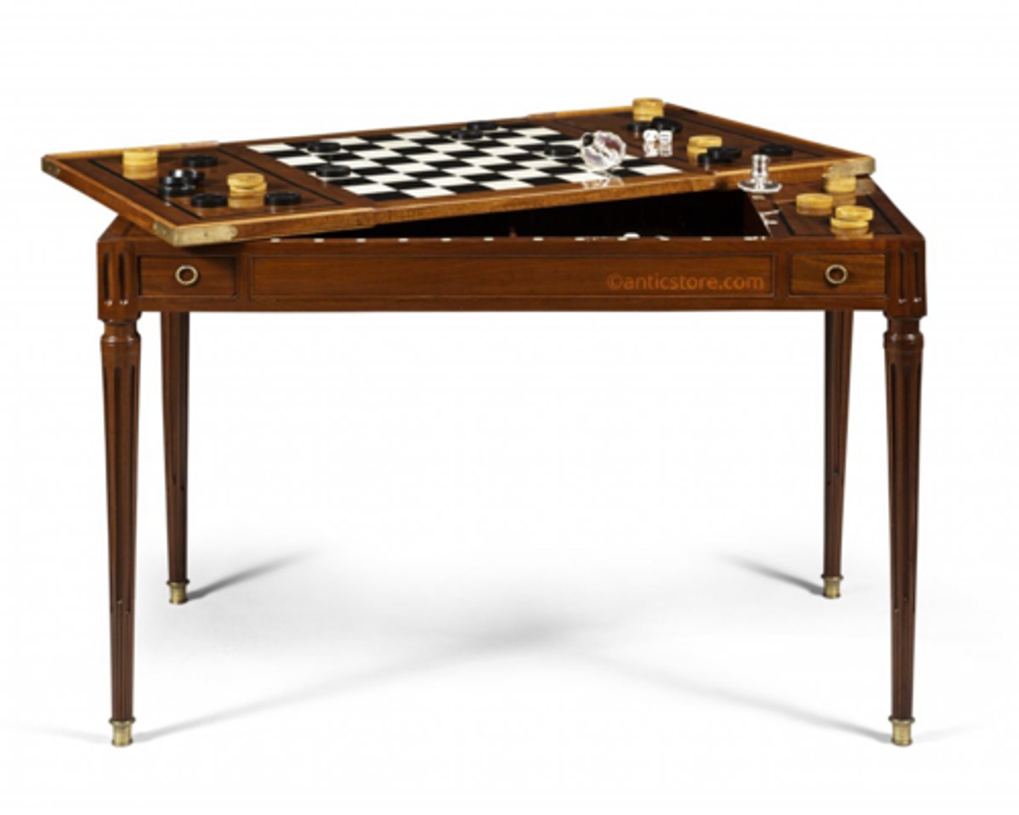 <p>French Neoclassic</p><p>A backgammon table with removable top that had one side covered with leather and the other covered with baize (loosely woven with soft filling yarns)</p>