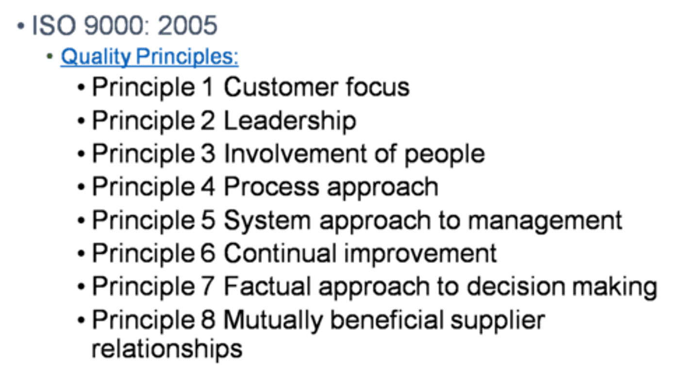 <p>Set of international standards on quality management and quality assurance, critical to international business</p><p>-TQM process consists of 13 published standards and guidelines</p><p>-Like when joint commission shows up at the hospitals</p>