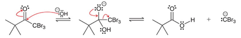 <p>alpha protons are removed and replaced with Br atoms, one at a time</p><p>tribromomethyl group functions as a leaving group → results in nucleophilic acyl substitution</p><p>resulting carboxylic acid is deprotonated → produces carboxylate and CHBr3 (bromoform)</p><p>formation of carboxylic drives the reaction to completion</p><p>(note: if performed with Cl or I instead of Br, chloroform or iodoform is the by-product)</p><p>reaction is followed by treatment with a proton source (acid) to protonate the carboxylate and form carboxylic acid</p>