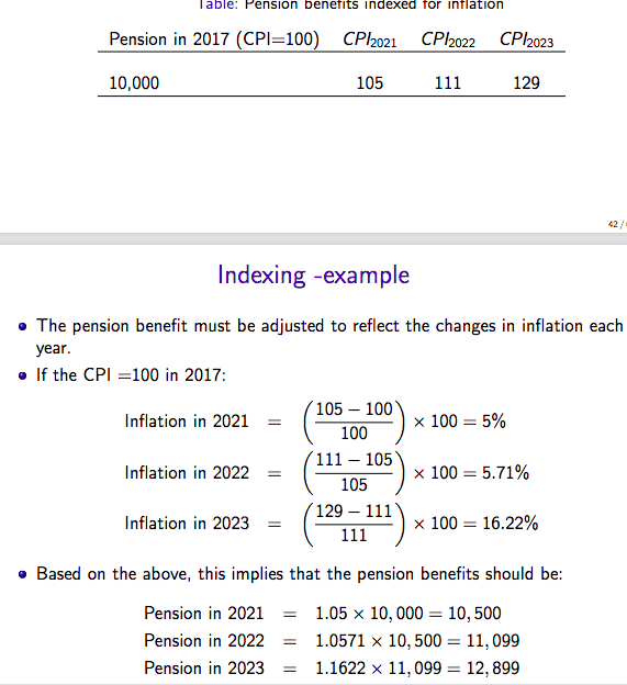 <p>when certain types of expenditures and payments are often adjusted each year to reflect the changes in inflation</p><p>e.g. if the rate of inflation is 2% per year, pension benefits may be indexed by the same amount</p>