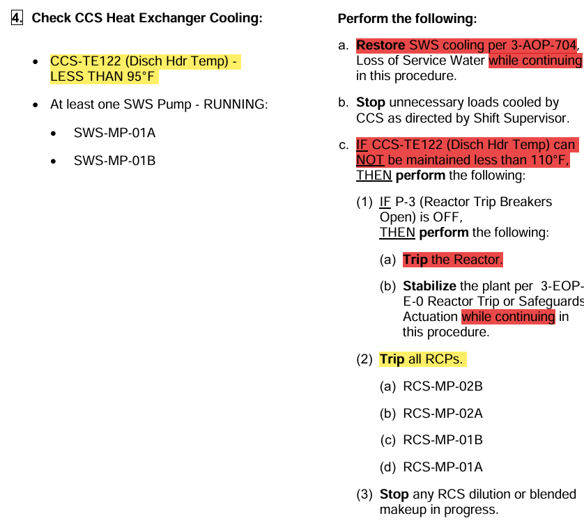<p>Normal CCS Discharge Header Temp is <95°F<br>Anything higher is indication of loss of cooling</p><p>RNO:<br>Restore SWS per AOP-704 <strong>While Continuing</strong></p><p>*E-0 Action: Cannot maintain <110°F</p>