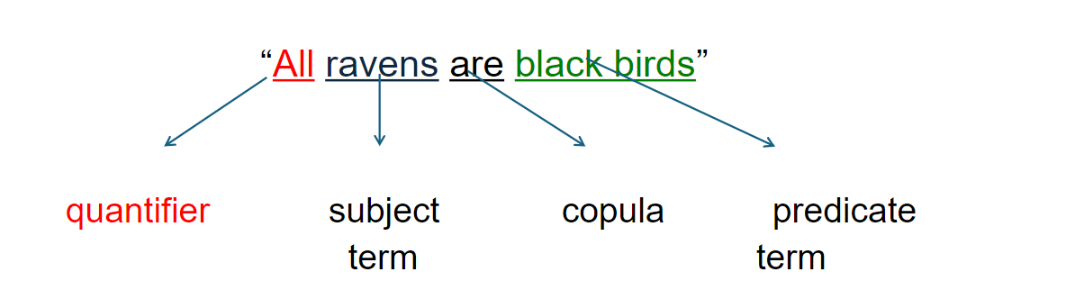 <p>Subject, Predicate, Quantifier, Copula </p>
