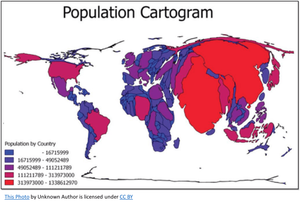 <p>A map that changes the size of places to show data, like population or income, instead of actual land area. Done according to a specific statistic, often distorting the actual shapes and distances of regions. </p>