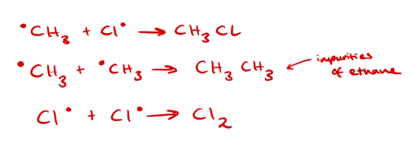 <p>Two free radicals react together to form a molecule with no unpaired electrons</p>