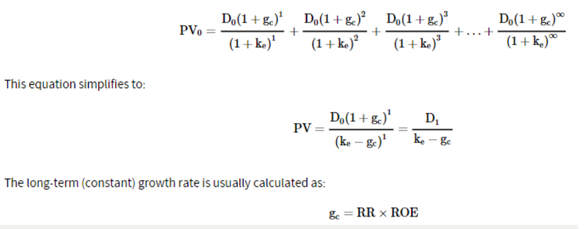 <p>The infinite period dividend discount model assumes that a company will continue to pay dividends for an infinite number of periods. It also assumes that the dividend stream will grow at a constant rate (gc) over the infinite period.</p>