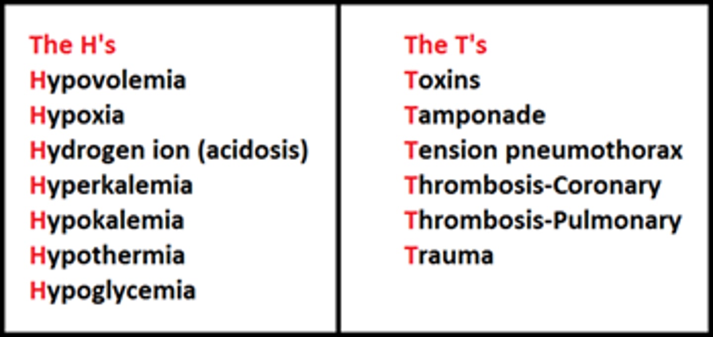 <p>H's and T's</p><p>H</p><p>- hypoxia</p><p>- hypovolemia</p><p>- hypo/hyperkalemia</p><p>- hypothermia</p><p>- hydrogen ion (acidosis)</p><p>T</p><p>- thrombosis (cardiac)</p><p>- thrombosis (pulmonary)</p><p>- tamponade (fluid/blood/pus around pericardium)</p><p>- tension pneumothorax (air trapped in pleural space)</p><p>- trauma</p><p>- toxins</p>